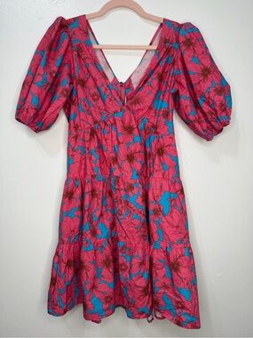 NWT XIRENA NISSA Bright Pink Floral V-Neck Puff Sleeve Dress
